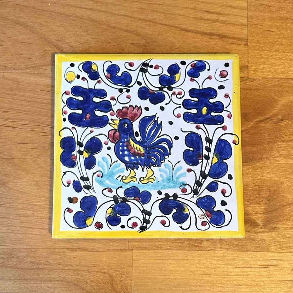 Hand Painted Italian Ceramic Pottery Tile Featuring The Traditional Rooster 5x5